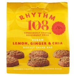 Rhythm 108 Swiss Vegan Lemon, Ginger & Chia Biscuit Share Bag 135g(Rhythm 108 Swiss Vegan Lemon Ginger Chia Biscuit Share Bag 135g)